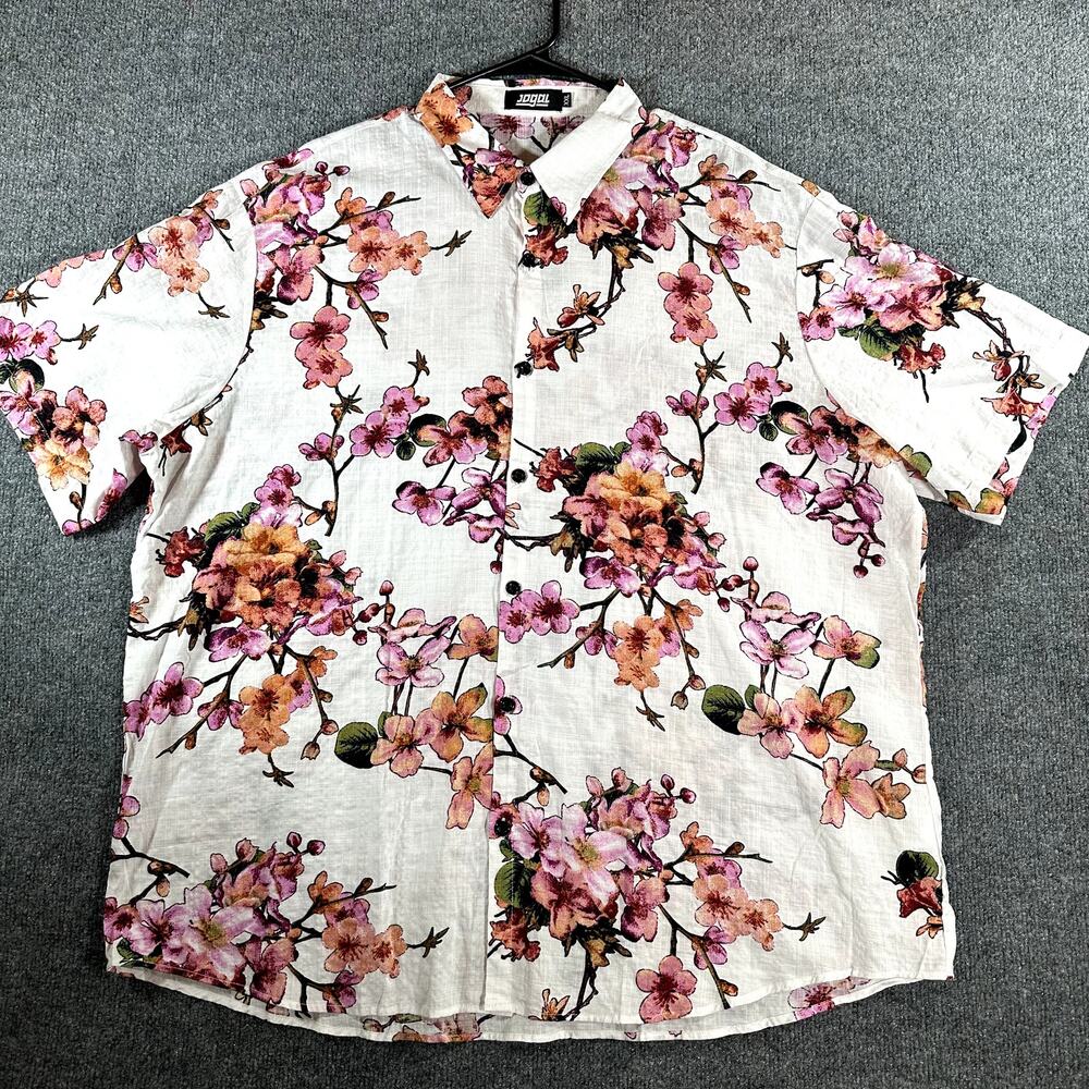 Jogal Floral Hawaiian Camp Shirt Men's XXL White Pink Cotton Viscose